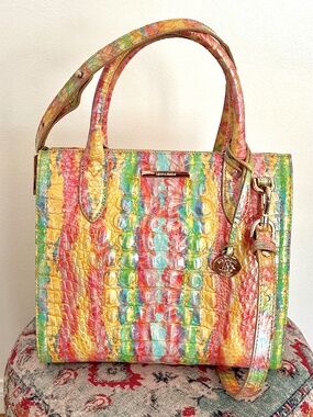 'Brahmin' Embossed Leather Tote – Multicolor Croc Print – Top Handle + Crossbody